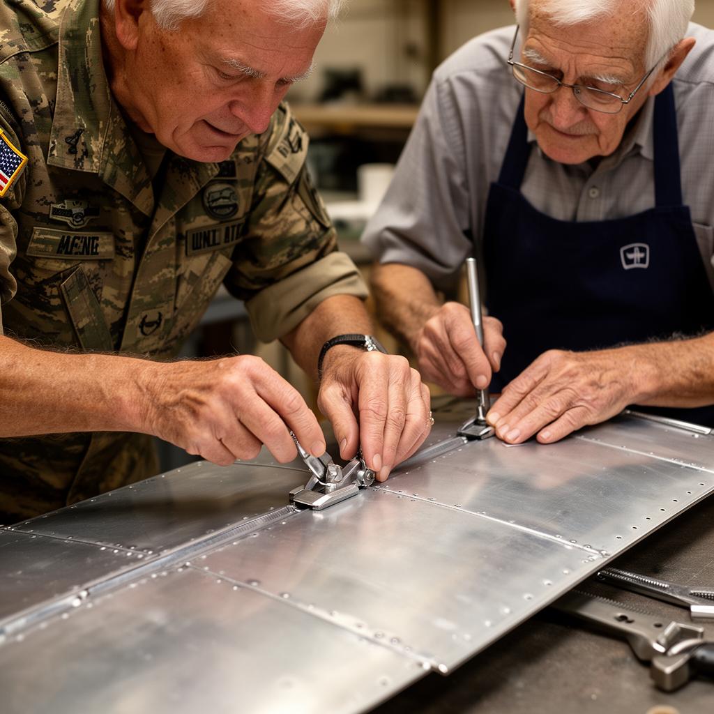 A veteran and a senior working together riveting an aluminum aircraft panel